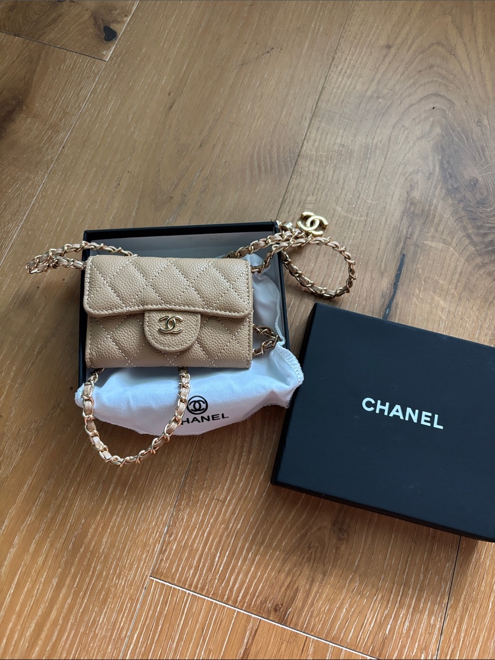 Chanel Mini Quilted Beige Leather Chain Wallet - Gold Hardware